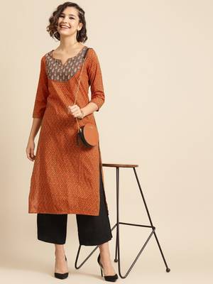 divawalk Orange & Brown Printed Straight Kurta 5