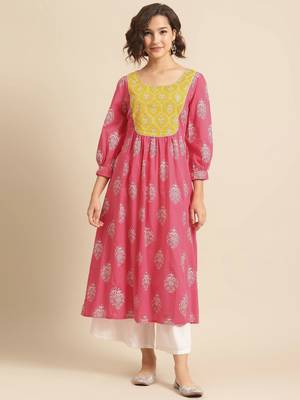 Divawalk Pink & Yellow Gold Print A-Line Kurta 1
