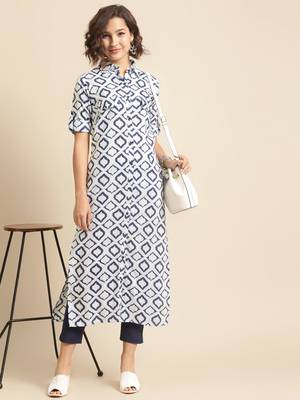 Divawalk Blue & White Button down long kurta 5