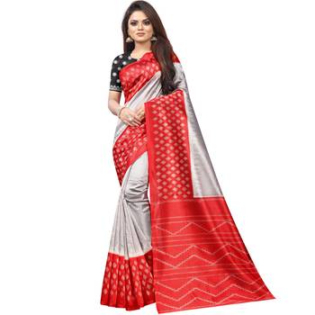 Grey Butter Silk IKKAT Prints Sarees With Blouse 1