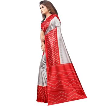 Grey Butter Silk IKKAT Prints Sarees With Blouse 2
