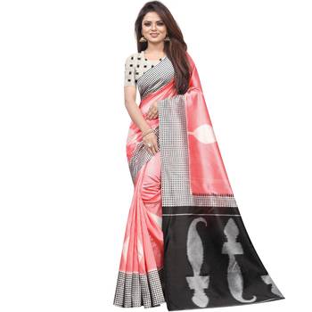 Peach Butter Silk IKKAT Prints Sarees With Blouse 1
