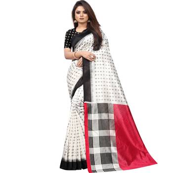 White Butter Silk IKKAT Prints Sarees With Blouse 1