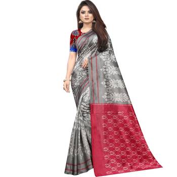 Grey Butter Silk IKKAT Prints Sarees With Blouse 1