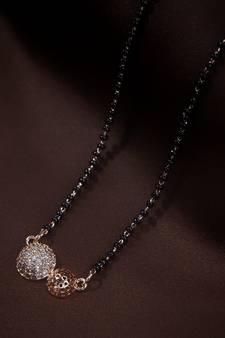 Rose Gold Plated Traditional 1 Line American Diamond Pendant with Black Bead Chain Mangalsutra for Women