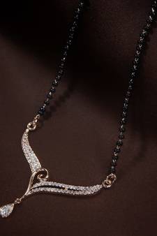 Rose Gold Plated Traditional Single Line American Diamond Pendant with Black Bead Chain Mangalsutra for Women