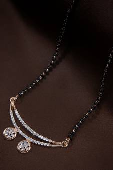 Rose Gold Plated Traditional Single Line American Diamond Pendant with Black Bead Chain Mangalsutra for Women