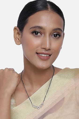 Rose Gold Plated Traditional Single Line American Diamond Pendant with Black Bead Chain Mangalsutra for Women