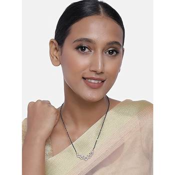 Rose Gold Plated Traditional Single Line American Diamond Pendant with Black Bead Chain Mangalsutra for Women 1