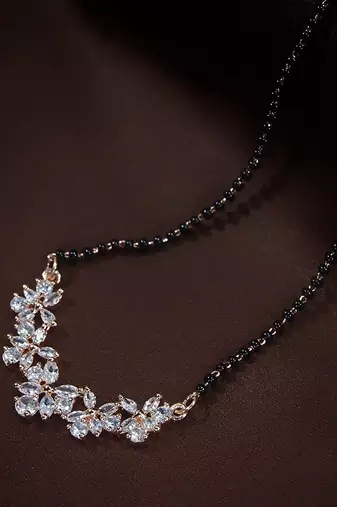 Rose Gold Plated Traditional Single Line American Diamond Pendant with Black Bead Chain Mangalsutra for Women