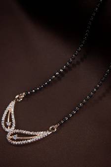 Rose Gold Plated Traditional Single Line American Diamond Pendant with Black Bead Chain Mangalsutra for Women