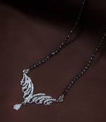 Rhodium Plated Traditional Single Line American Diamond Pendant with Black Bead Chain Mangalsutra for Women