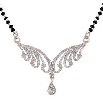 Rhodium Plated Traditional Single Line American Diamond Pendant with Black Bead Chain Mangalsutra for Women 2