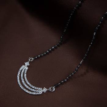Rhodium Plated Traditional Single Line American Diamond Pendant with Black Bead Chain Mangalsutra for Women 1