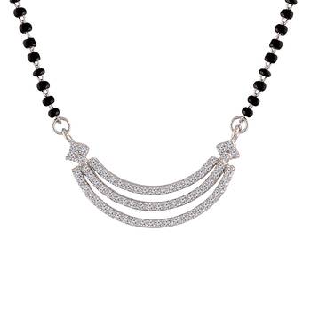 Rhodium Plated Traditional Single Line American Diamond Pendant with Black Bead Chain Mangalsutra for Women 2