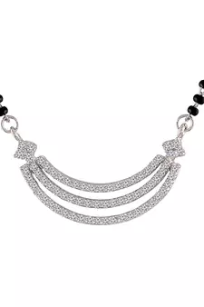 Rhodium Plated Traditional Single Line American Diamond Pendant with Black Bead Chain Mangalsutra for Women