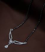 Rhodium Plated Traditional Single Line American Diamond Pendant with Black Bead Chain Mangalsutra for Women