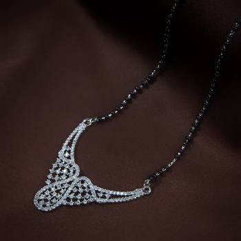 Rhodium Plated Traditional Single Line American Diamond Pendant with Black Bead Chain Mangalsutra for Women 1