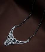 Rhodium Plated Traditional Single Line American Diamond Pendant with Black Bead Chain Mangalsutra for Women