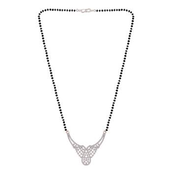 Rhodium Plated Traditional Single Line American Diamond Pendant with Black Bead Chain Mangalsutra for Women 2