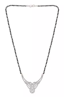 Rhodium Plated Traditional Single Line American Diamond Pendant with Black Bead Chain Mangalsutra for Women