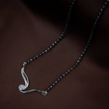 Rhodium Plated Traditional Single Line American Diamond Pendant with Black Bead Chain Mangalsutra for Women 1