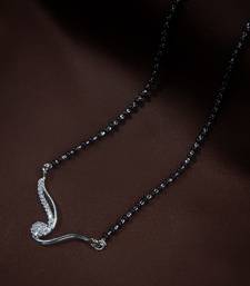 Rhodium Plated Traditional Single Line American Diamond Pendant with Black Bead Chain Mangalsutra for Women