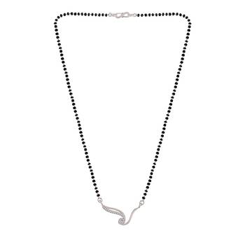 Rhodium Plated Traditional Single Line American Diamond Pendant with Black Bead Chain Mangalsutra for Women 2