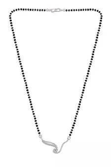 Rhodium Plated Traditional Single Line American Diamond Pendant with Black Bead Chain Mangalsutra for Women
