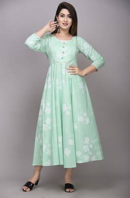 Green Printed Cotton Anarkali Kurti 1