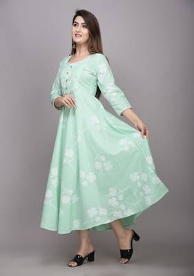 Green Printed Cotton Anarkali Kurti 3
