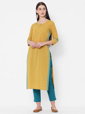 Yellow printed kurta with embroidery 1