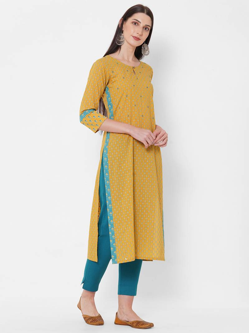 Yellow printed kurta with embroidery