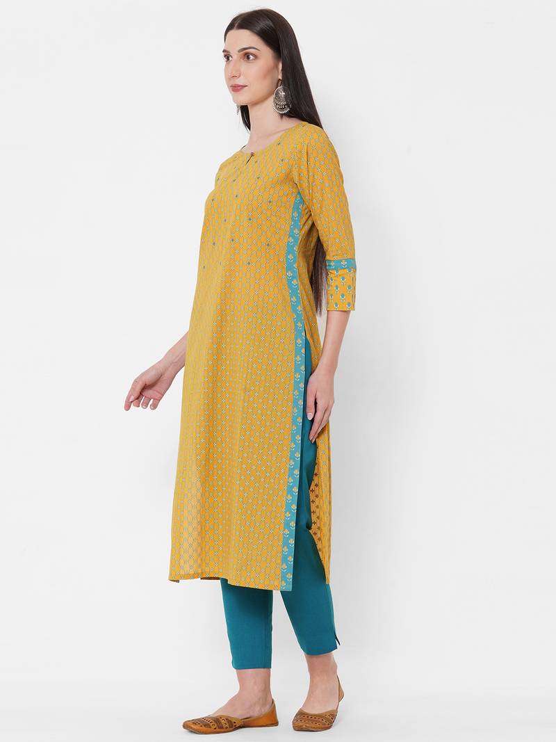 Yellow printed kurta with embroidery