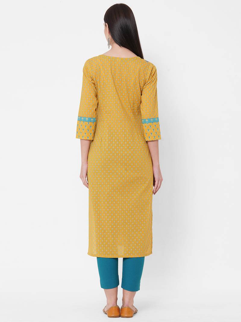 Yellow printed kurta with embroidery