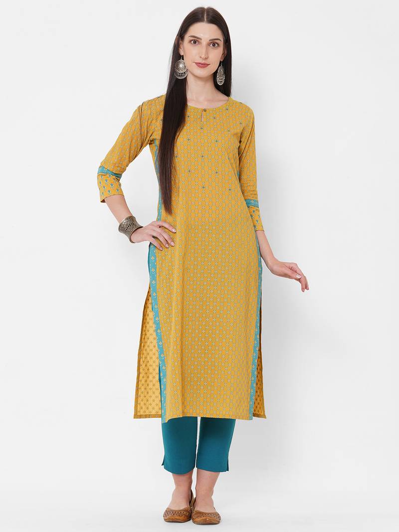 Yellow printed kurta with embroidery