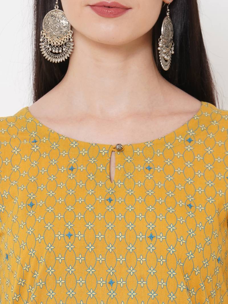 Yellow printed kurta with embroidery