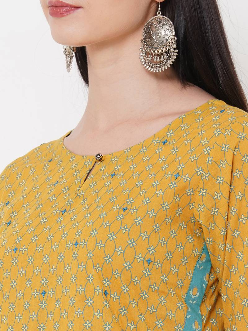Yellow printed kurta with embroidery