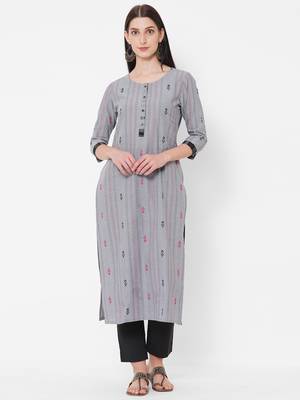 Dobby stripes kurta with block print 1