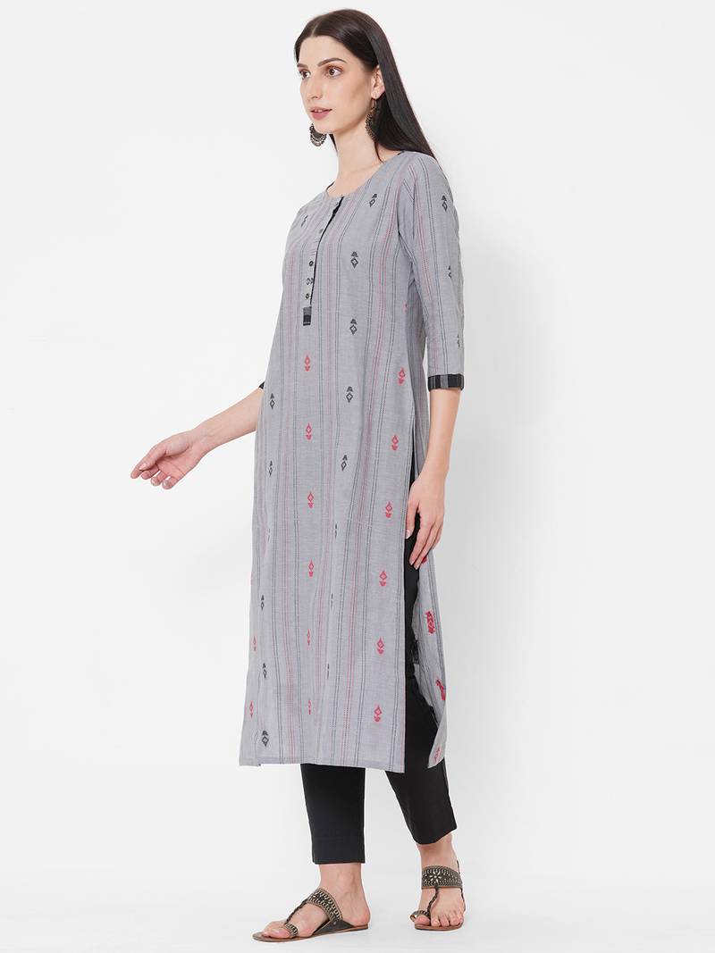 Dobby stripes kurta with block print
