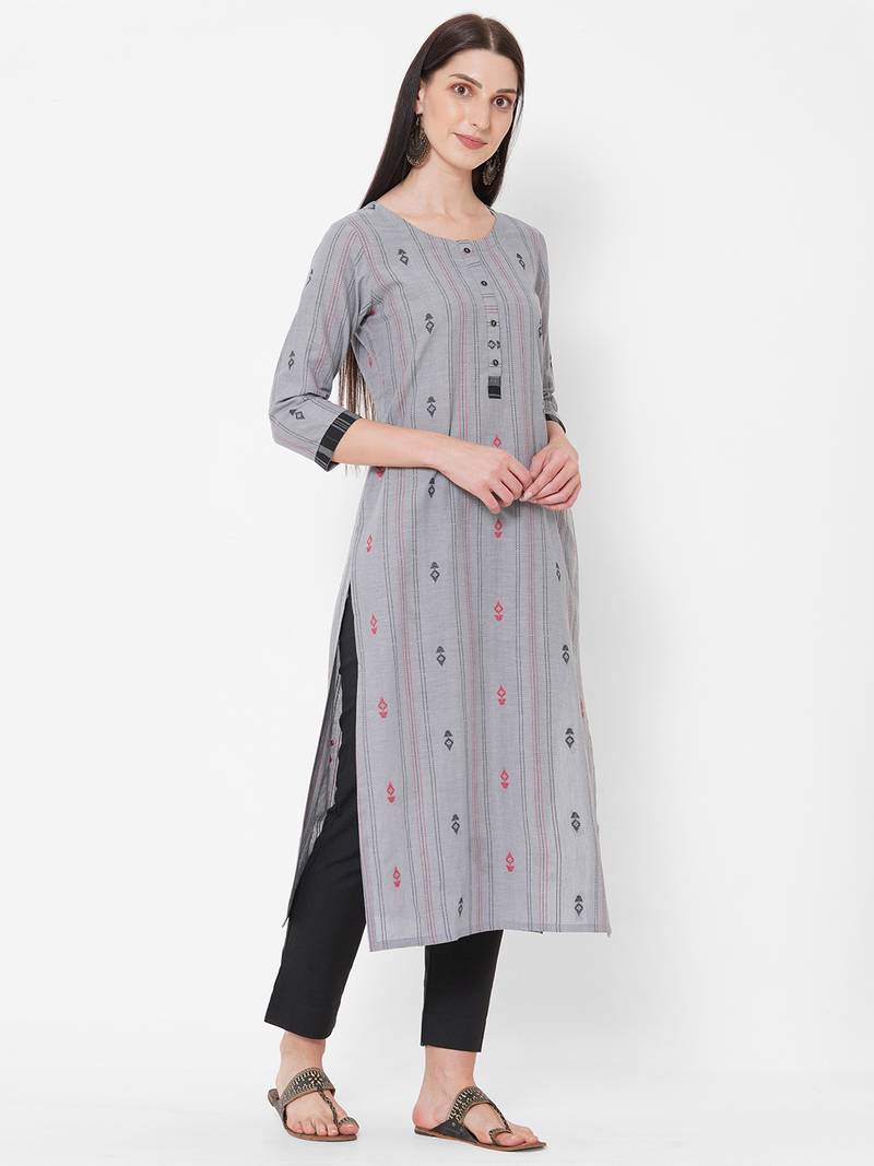 Dobby stripes kurta with block print
