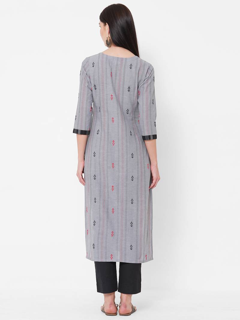 Dobby stripes kurta with block print