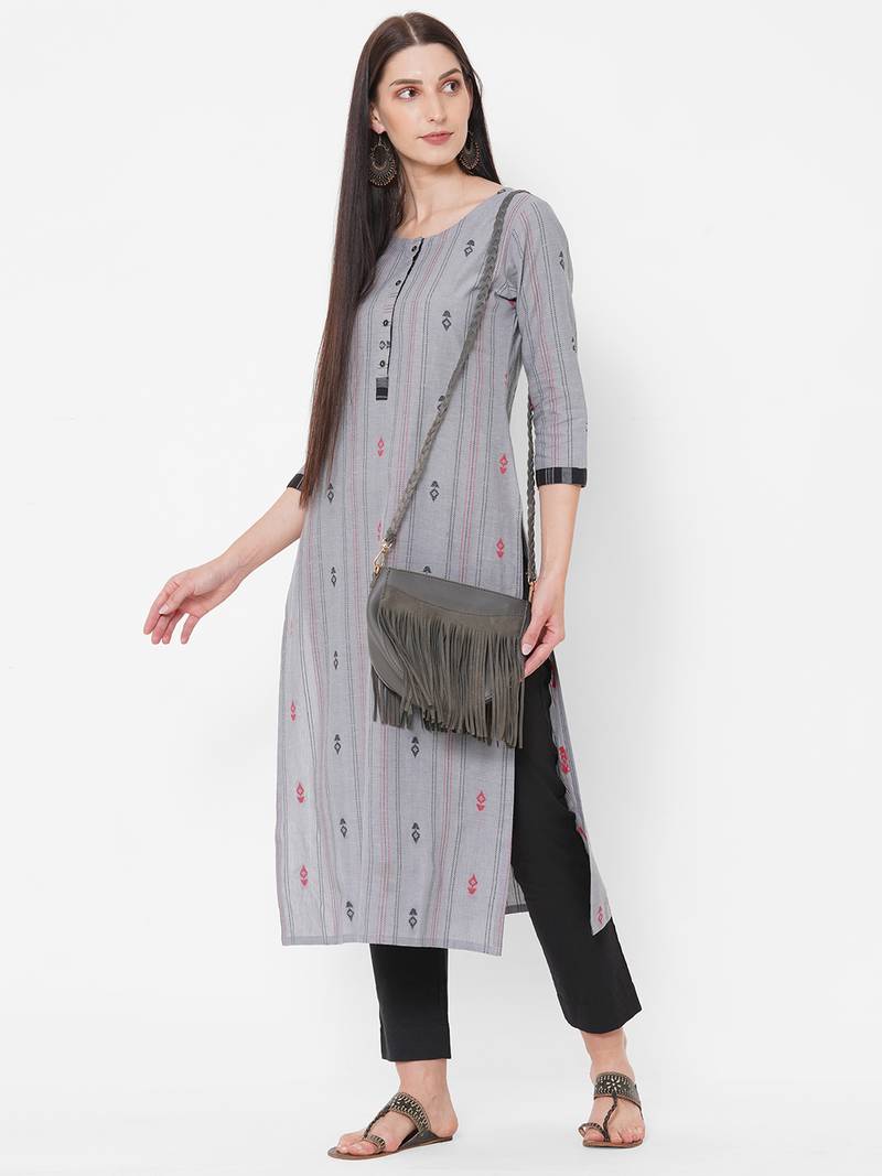 Dobby stripes kurta with block print