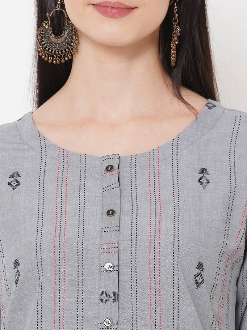 Dobby stripes kurta with block print