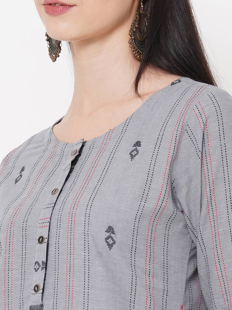 Dobby stripes kurta with block print