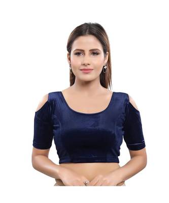 Muhenera Velvet Stretchable Round Neck Navy-Blue Blouse 1