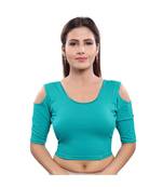 Cotton Lycra Blend Stretchable Round Neck Firozi Blouse