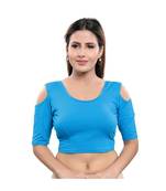 Cotton Lycra Blend Stretchable Round Neck Peacock-Blue Blouse