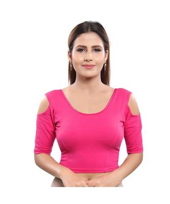 Cotton Lycra Blend Stretchable Round Neck Pink Blouse 1