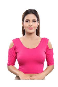 Cotton Lycra Blend Stretchable Round Neck Pink Blouse